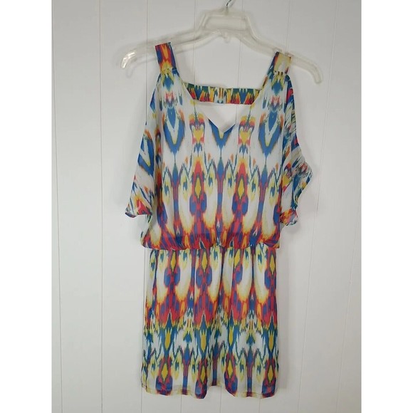 Bisou Bisou Dress Womens Size 4 Chiffon Cold Shoulder Multicolor Lined - Picture 3 of 15